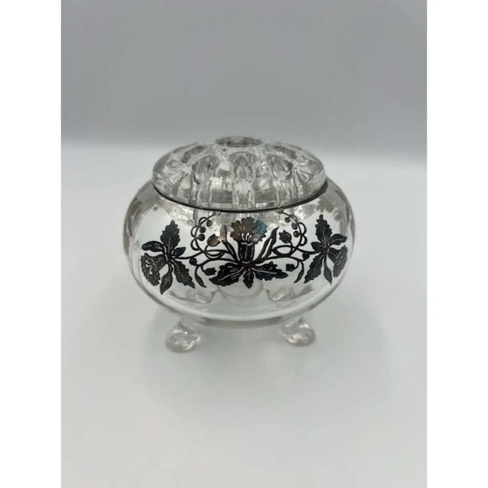 Viking Glass Vintage 3 Footed Rose Bowl Flower Frog Silver Overlay Floral Clear
